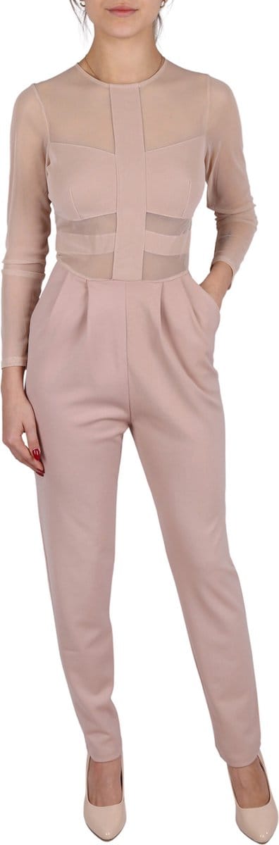 John Zack Nude-jumpsuit met lange mouwen en doorschijnende mesh-inzetstukken, slim fit / XXS