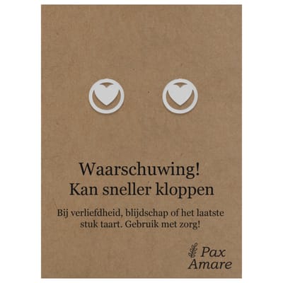 Stainless Steel Hartje Oorbellen op Cadeau Kaartje - Waarschuwing! Kan sneller kloppen - ± 10x10mm Oorknopjes Zilverkleurig Roestvrij Staal - Pax Amare