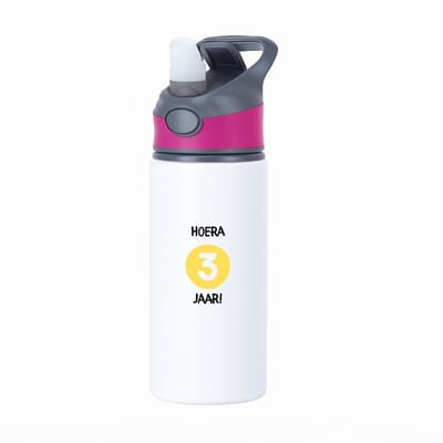 Hacebo® - Hoera 3 jaar waterfles met rietje roze - Verjaardag - Jarigen - Verjaardagscadeau - peuter - Happy birthday - water fles - 650ML