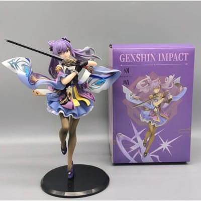 25CM Anime Figuur Genshin Impact Keqing Zwaaiend met een Zwaard Staand Zwaard Hu tao Model Speelgoed PVC Verzamelspeelgoed Desktop Decoratie With box gray