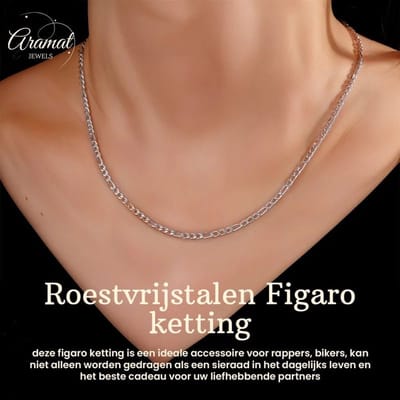 Aramat Jewels | Halskettingen | RVS Figaro Ketting Zilverkleurig – Klassieke Schakelketting Staal Unisex | 4mm / 50cm |50cm | | Staal | Volwassenen | Verkleurd niet
