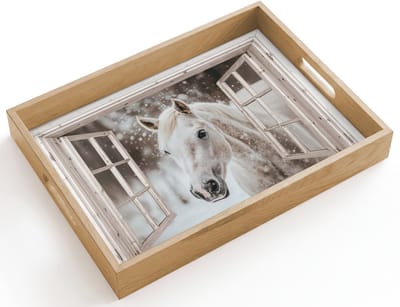 Dienblad hout 40x30 cm - Schootdienblad - Paard - Wit - Winter - Sneeuw - Doorkijk - Dieren - Borrelplank rechthoek - Plateau dienbladen