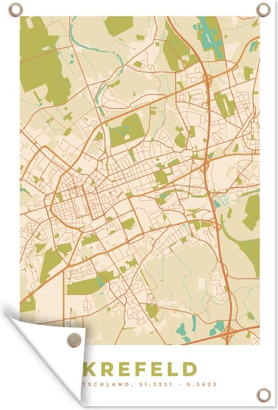 Muurdecoratie Stadskaart - Krefeld - Kaart - Vintage - Plattegrond - 120x180 cm - Tuinposter - Tuindoek