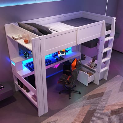 Hoogslaper 90x200 - Gaming Bed Met Bureau, Ledverlichting, Lades En Planken - Wit - Zonder Matras