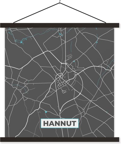 Posterhanger incl. Poster 60x60 cm - Schoolplaat - België – Hannut – Stadskaart – Kaart – Blauw – Plattegrond - Textielposter - Zwarte latten - Stadskaart