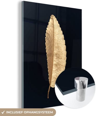 MuchoWow® Glasschilderij 120x160 cm - Schilderij acrylglas - Bladeren - Black and gold - Luxe - Chic - Natuur - Foto op glas - Schilderijen