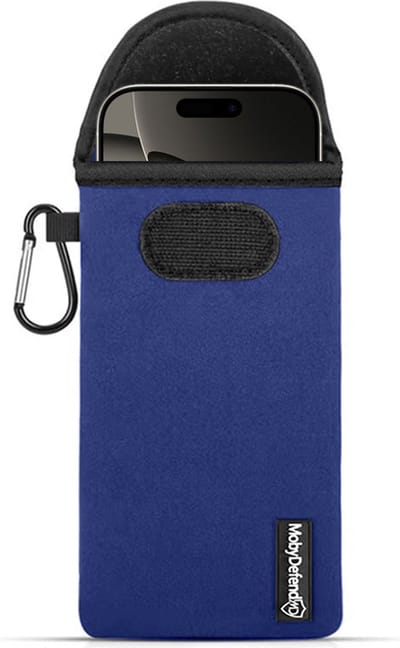 MobyDefend Hoesje - Geschikt voor iPhone 16 Pro - Neopreen Pouch Met Karabijnhaak - Insteek - Riemlus - Blauw