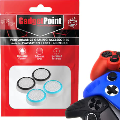 Gadgetpoint - Thumb Grips voor PlayStation, PS5, Xbox X/S, One & Switch Pro Controller - Gaming Thumbgrips - Performance Anti-Slip Thumbsticks - Bescherming Accessoires - Wit Zwart en Wit Lichtblauw