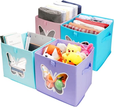 Famanu – Set van 4 opvouwbare stoffen opbergmanden – 30 × 30 × 30 cm – Voor, kleding en beddengoed