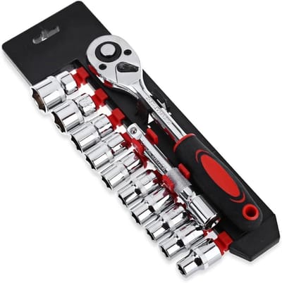 Dopsleutel Ratelsleutelset - Multifunctioneel Gereedschap - Auto Motor Reparatie - Nauwkeurige Productie - 12 Stuks Set - Zilverkleurig