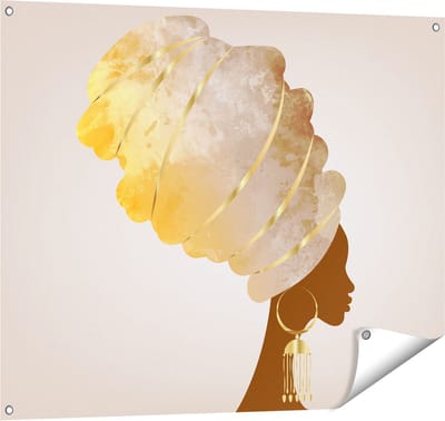 Gards Tuinposter Afrikaanse Vrouw met Gouden Tulband - 100x80 cm - Tuindoek - Tuindecoratie - Wanddecoratie buiten - Tuinschilderij
