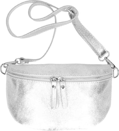 Zilveren Metallic Leren Heuptas - Dubbele Ritsen - Leren Crossbody Tassen - Zilver Beslag - Zilver