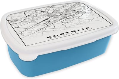 Broodtrommel Blauw - Lunchbox - Brooddoos - Stadskaart – Zwart Wit - Kaart – Kortrijk – België – Plattegrond - 18x12x6 cm - Kinderen - Jongen