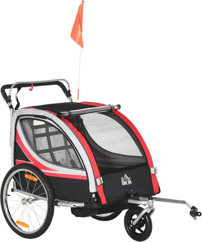 Fietskar voor Kinderen 2-in-1, Jogger Kinderwagen met Reflectoren en Veiligheidsvlag, Geschikt voor 2 Personen tot 26,4 kg