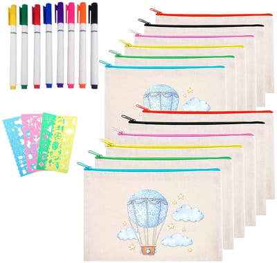 Dailygoody - DIY Stoffen Tasje - Cosmeticatasjes met Ritssluiting - 12 Stuks - Klein Stoffen Tasje - Kinderen DIY Schilderen - Met Kleurpotloden
