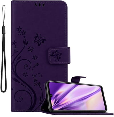 Cadorabo Hoesje geschikt voor Xiaomi RedMi NOTE 7 in BLOEMEN DONKER PAARS - Beschermhoes in bloemmotief met magnetische sluiting, standfunctie en kaartsleuven Book Case Cover Etui