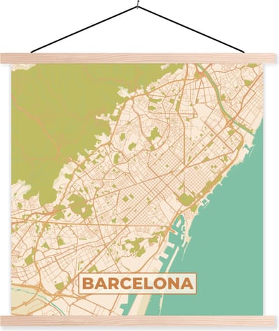 Posterhanger incl. Poster 40x40 cm - Schoolplaat - Kaart - Barcelona - Stadskaart - Vintage - Plattegrond - Textielposter - Blanke latten - Stadskaart