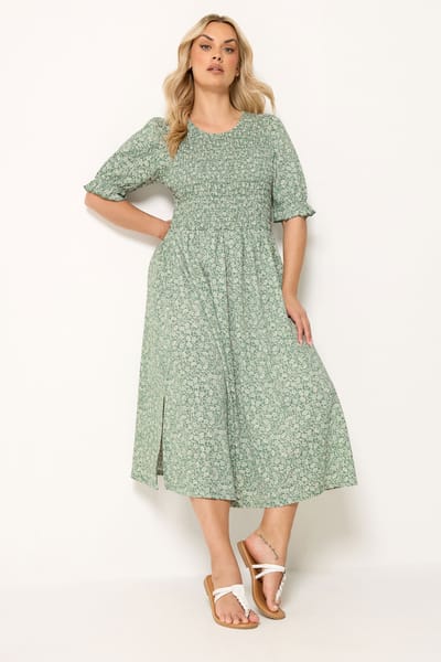 Yours Saliegroene Jurk Met Gesmokt Detail En Fijne Bloemenprint Size 42