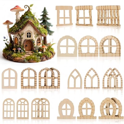 25-delige miniatuur vensterdeurset van onbehandeld hout voor doe-het-zelf knutselen, ideaal voor tuin, balkon en feeëntuin decoratie