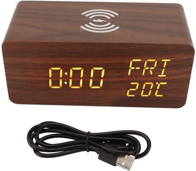 Allecto - Houten Digitale Wekker - Draadloos Opladen - LED-display - Verstelbare Helderheid - Dubbele Alarmen - Geschikt voor Huisdecoratie - Moder...