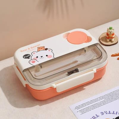 Cartoon Leuke Beer 4-Vaks Lunchbox Inclusief Bestek Lunch Bento Box voor Studenten Kantoorpersoneel Kan Verwarmd Worden in de Magnetron 1250ml