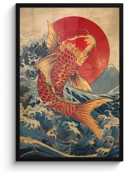 Poster in lijst - Fotolijst 60x90 cm - Posters - Koi - Zee - Golven - Zon - Posterlijst zwart - Decoratie - Wanddecoratie woonkamer - Muurdecoratie slaapkamer