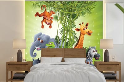Behang babykamer - Fotobehang Jungle dieren - Planten - Kinderen - Olifant - Giraf - Leeuw - Breedte 300 cm x hoogte 300 cm