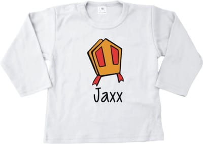 Sinterklaas Shirtje –Wit lange mouw maat 56- Eigen Naam & Leuke Print mijter – Uniek Cadeau