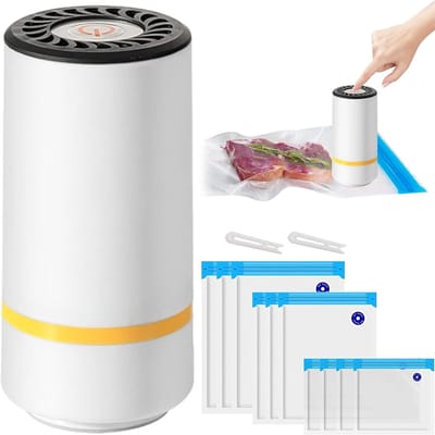 carmdering - Mini Vacuümmachine voor Voedsel | Draagbare USB-Oplaadbare Vacuümpomp | Inclusief 10 Herbruikbare Vacuümzakken | Compact & Licht – Perfect voor Reizen, Vers Houden