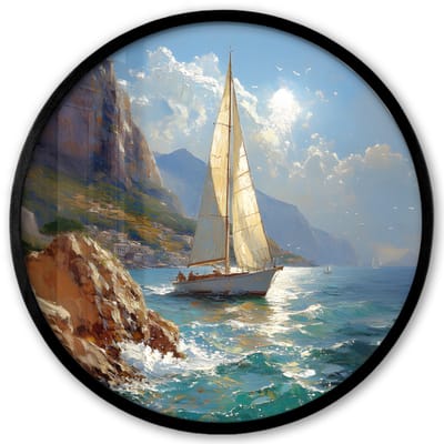 Poster in lijst Rond - Fotolijst 40x40 cm - Posters - Zeilschip - Zee - Rotsen - Wolken - Ronde posterlijst zwart - Decoratie - Wanddecoratie woonkamer - Muurdecoratie slaapkamer