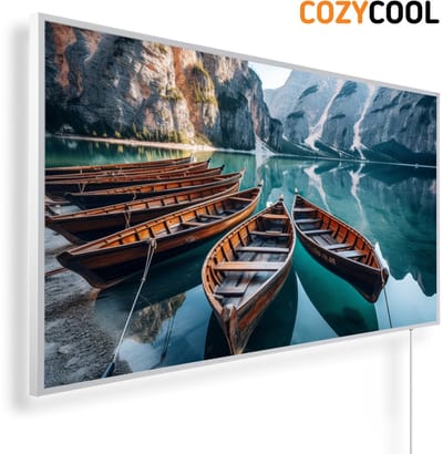 Infraroodpaneel met afbeelding | Boten op Braiesmeer Dolomietbergen | 1200 Watt | Witte lijst | Infrarood verwarmingspaneel | Infrarood paneel | Infrarood verwarming