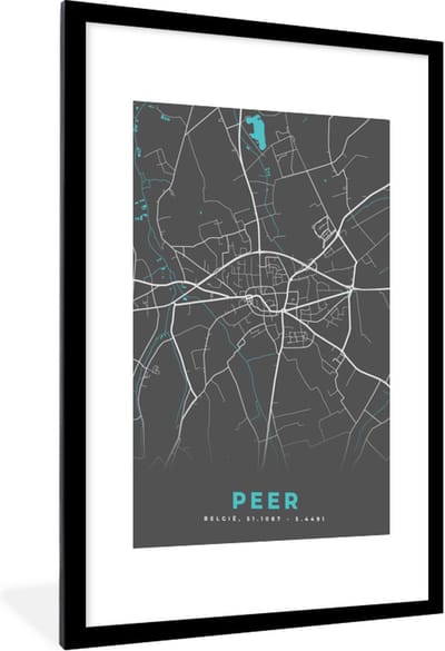 Fotolijst incl. Poster - Plattegrond – Peer – Blauw – Stadskaart - Kaart - België - 60x90 cm - Posterlijst