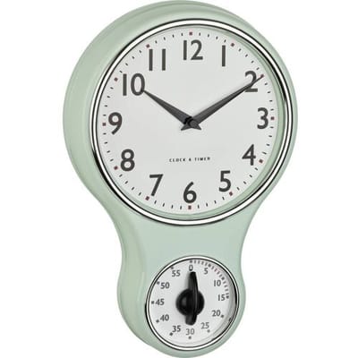 TFA Keuken wandklok - retro design met timer/kookwekker - mintgroen - H30 cm - kunststof