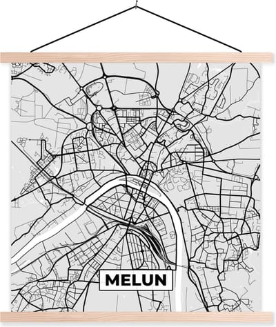 Posterhanger incl. Poster 40x40 cm - Schoolplaat - Frankrijk – Plattegrond – Kaart – Melun – Stadskaart - Textielposter - Blanke latten - Stadskaart