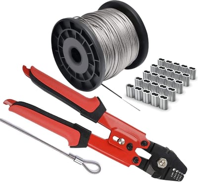 Krimpgereedschap Kit - Staalkabel Tang - Staalkabel Bevestigen - Heavy-duty Roestvrij Staal - 165 voet Kabel 100 Hulzen - Rood