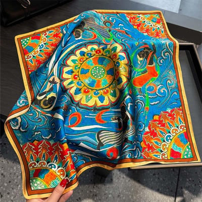 Écharpe de luxe en soie de mûrier pour femme Imprimé peinture à l'huile Bandana Châle Foulard pour dame Mouchoir Enveloppe décorative pour femme 53 cm 53x53CM blue