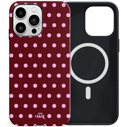 xoxo Wildhearts Polka Dots (Burgundy) - Double Layer - Magnetisch hoesje geschikt voor iPhone 13 Pro MagSafe - Hard case met stippenpatroon - Beschermhoes - Shockproof case - Stippatroon - Burgundy / Bordeauxrood