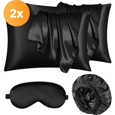 Soft & Silky Satijnen Kussensloop set van 2 - Incl. bonnet en slaapmasker - 50x70 cm - Slaapmuts - Krullen - Satijn - Moerbij - Zijden - Beauty - Zachte - Satin - Kussenslopen - Zwart