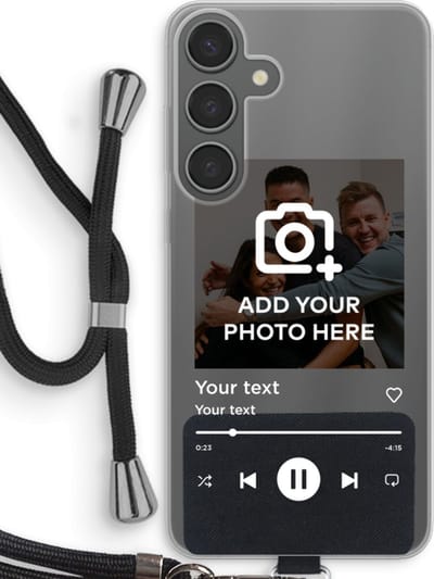 Gepersonaliseerd - Case Company® - Hoesje met koord geschikt voor Samsung Galaxy S24 Plus hoesje met Koord - Music Player - Telefoonhoesje met Zwart Koord - Bescherming aan alle Kanten en Over de Schermrand