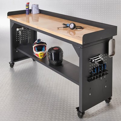 Datona® Werkbank PRO - eiken werkblad - legbord verrijdbaar - 200 cm - Zwart