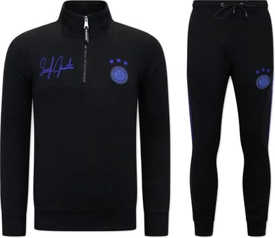 Heren Joggingspak - Half Zipper, Double Ribbon - Zwart / Blauw