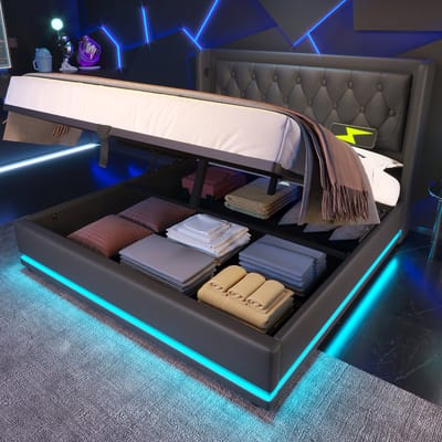 Gestoffeerd bed tweepersoonsbed 160x200 cm met USB Type-C opladen met LED-verlichting - zonder matras - zwart - PU