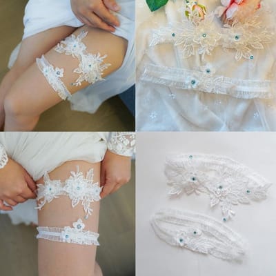 Elegante Bruids Garter Set met Borduursel en Kanten, Sexy Rekbare Dijenband voor Trouwen en Bruidsaccessoires - Beige, One Size
