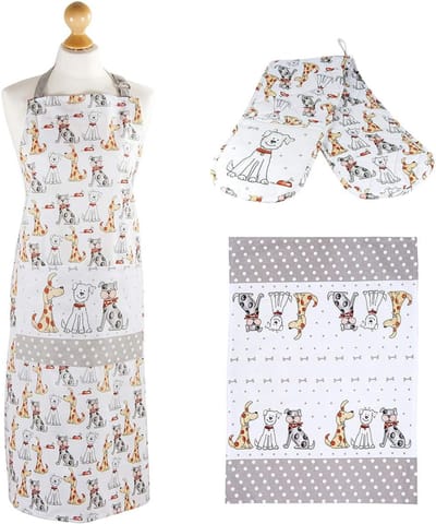 Kookset met Schort, Ovenwanten en Theehanddoek met Hondenprint