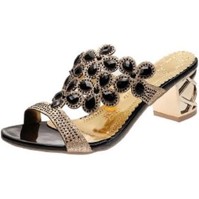 Zomersandalen Schoenen Dames Slippers Hoge Hakken Luxe Strass Dames Schoenen met Diamant-bezet Chunky Hakken Slippers 41 zwart
