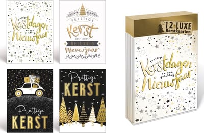 24 Luxe Dubbele Kerstkaarten met Enveloppen - Nieuwjaarskaarten - Kerstkaarten Set Goud - Zwart - Wit