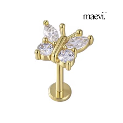 Maevi® Piercing voor Oor - Kleur: Goud - Vlinder / Butterfly - Formaat: 12 x 6 MM - Titanium - Tragus / Kraakbeen / Helix / Conch - Oorpiercing - Piercing Sieraad - Hoge Kwaliteit - Labret Piercing - Luxe Sieraad - Oorbellen