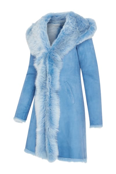 Dames blauwe Toscaanse schapenvacht suède leren trenchcoat met capuchon - Aura