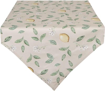 Clayre & Eef Tafelloper 50x160 cm Beige Groen Katoen Citroen