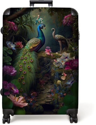 NoBoringSuitcases.com® - Koffer groot - Reiskoffer lichtgewicht - Pauw - Bloemen - Vogels - Jungle - Rolkoffer met 4 wielen - Grote trolley XL - 98 liter bagage